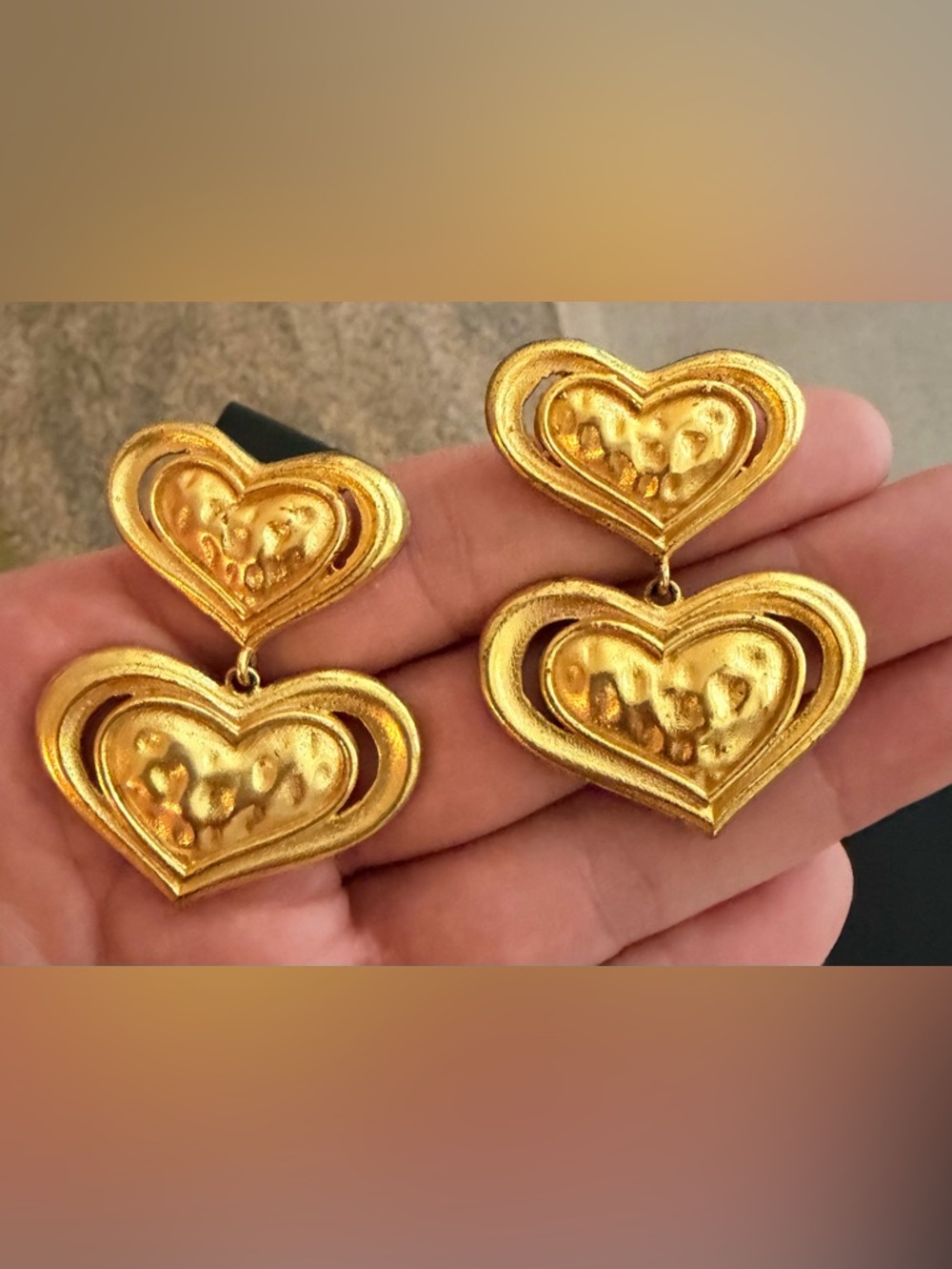 Gold Plated Heart Drop Earrings - Women's Statement Jewelry - Picture 3 of 5